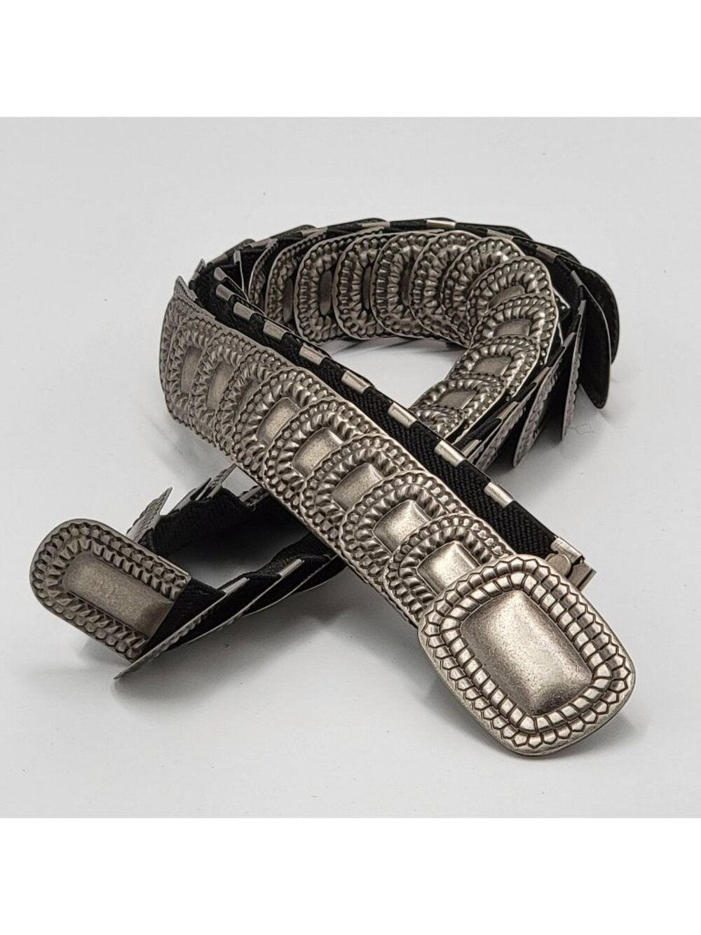 Vtg Stretchy Skinny Snake Elastic Black & Silver Metal Link Western Boho Belt Wi